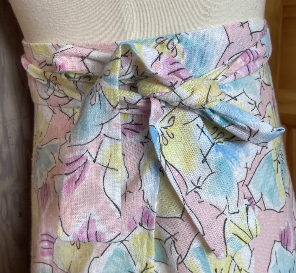 70s Vintage Handmade High Waisted Wrap Skirt S/M Linen Cotton Pastels Floral EUC