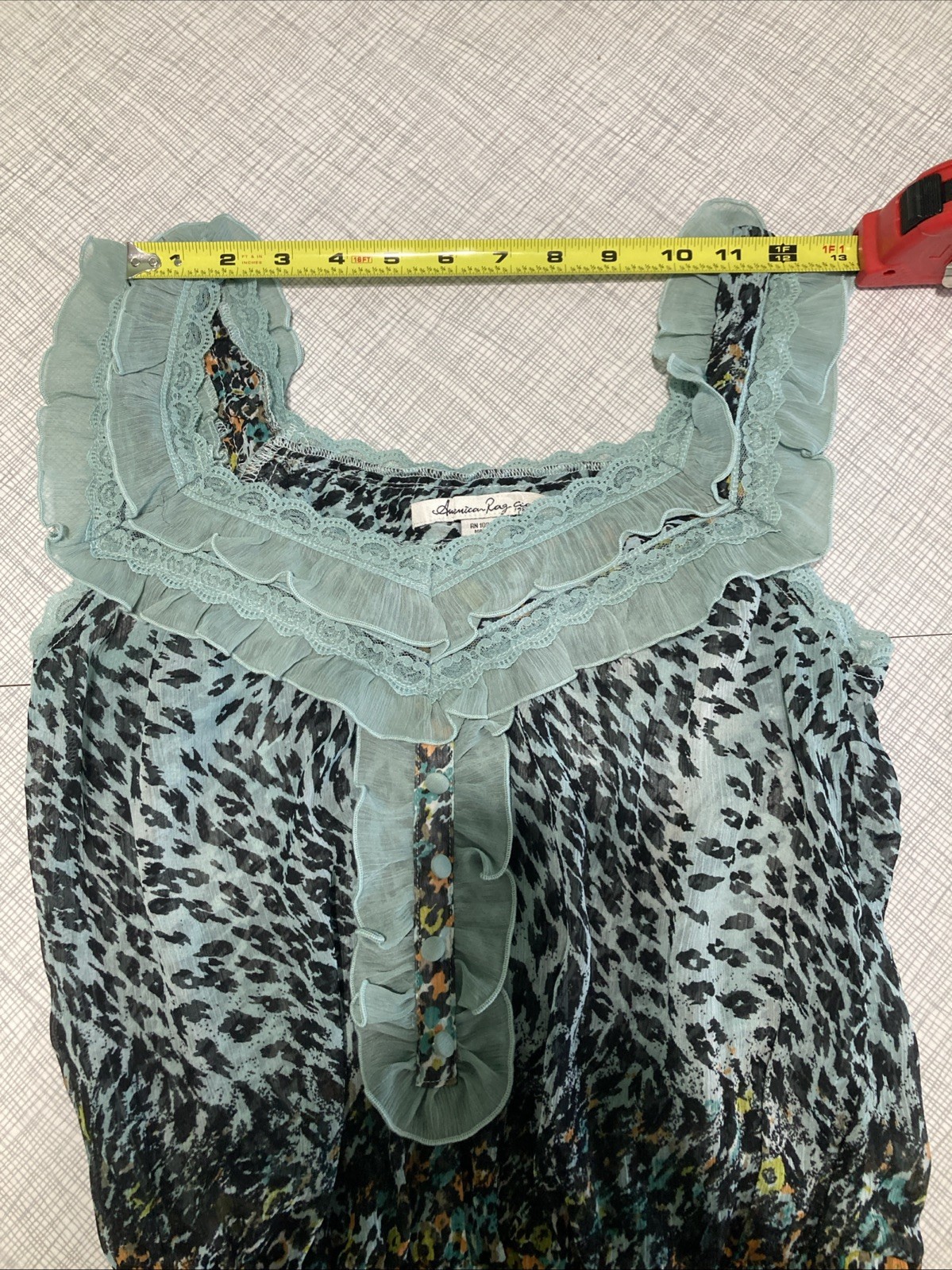 American Rag XS EUC Mint Green Leopard Print Sheer Ruffle Smocked Boho Top Y2K