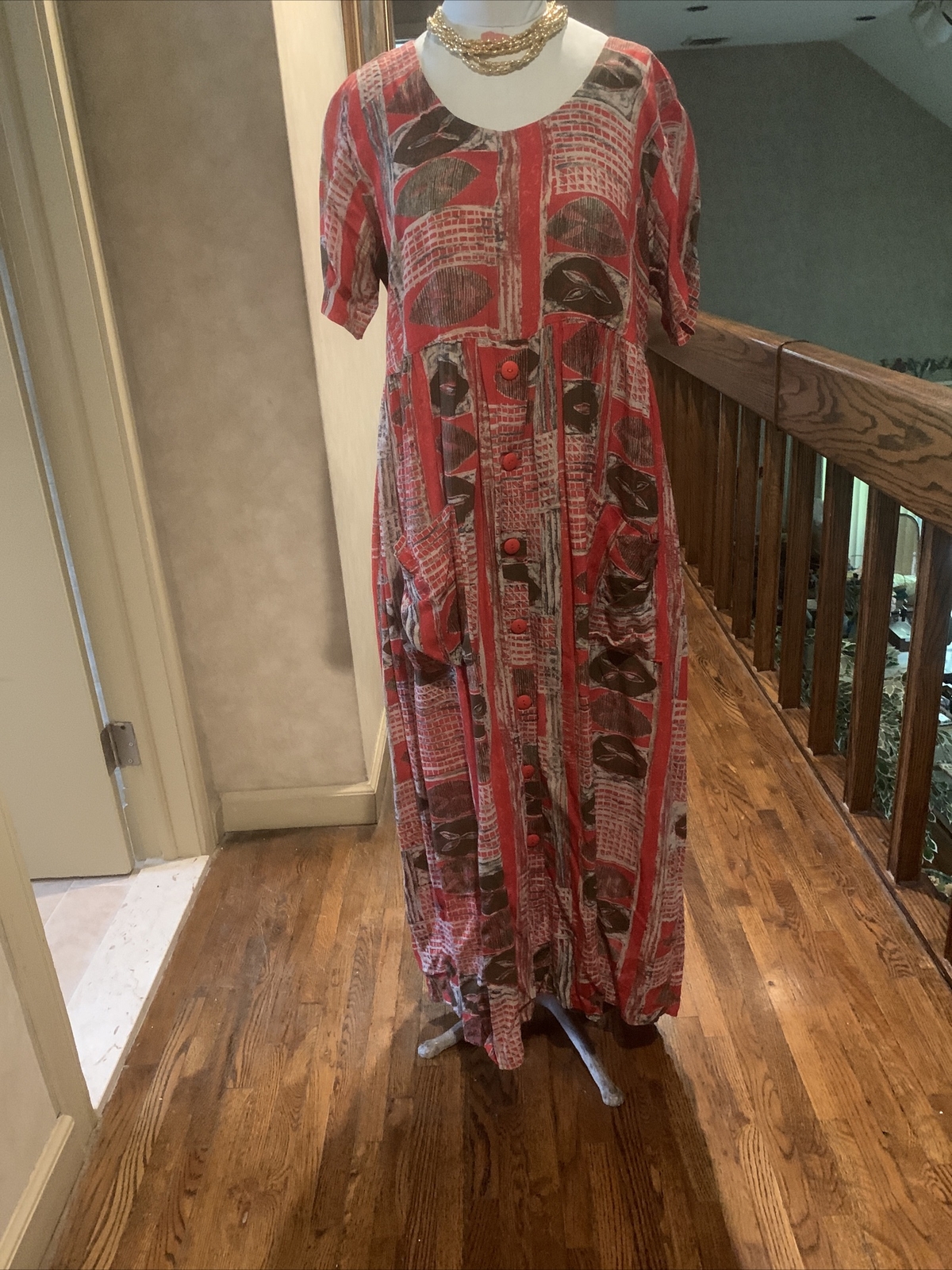 VINTAGE RABBIT DESIGNS ROOMY BOHO SHORT SLEEVE POCKETS MULTI COLOR DRESS SZ. M