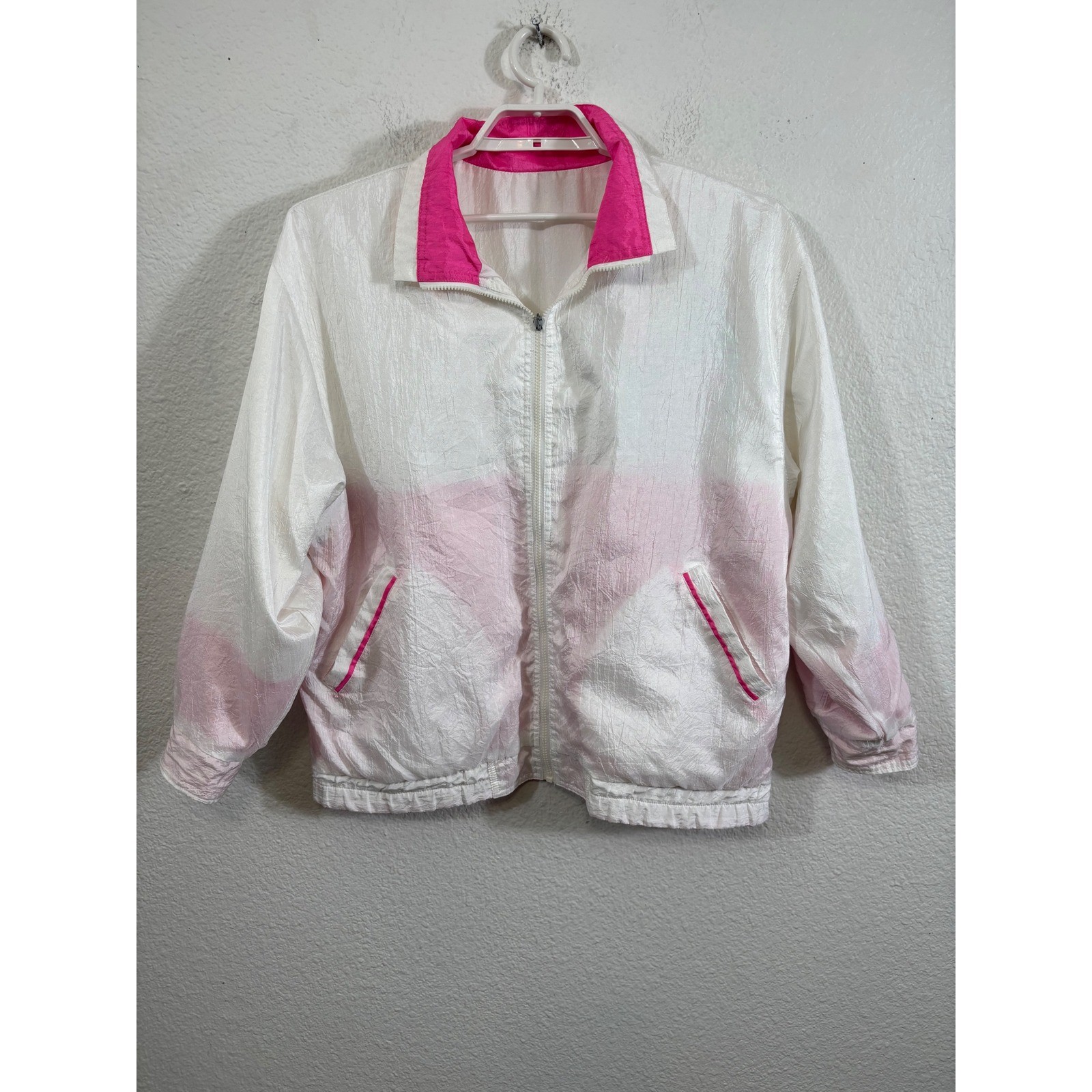 Vintage 80s Reversible Windbreaker Jacket Neon Pink White Geometric Pop Art