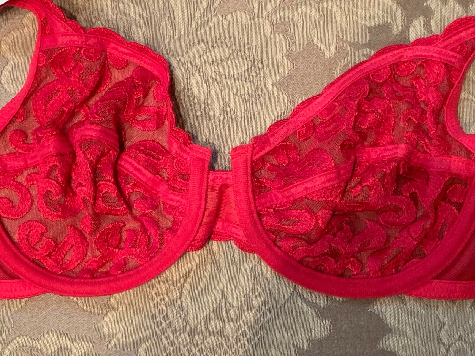 VINTAGE WACOAL 85199 ~ RED ARABESQUE SEMI SHEER FULL FIGURE UNDERWIRE BRA 34DD