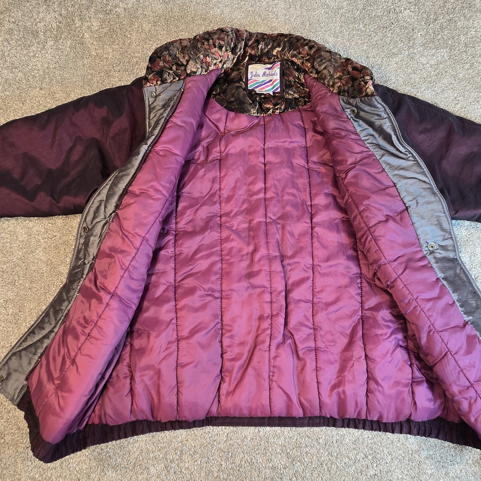Julia Michaels Rare Vintage Womens Coat Plum Size L Vlevet Floral Poly Blend