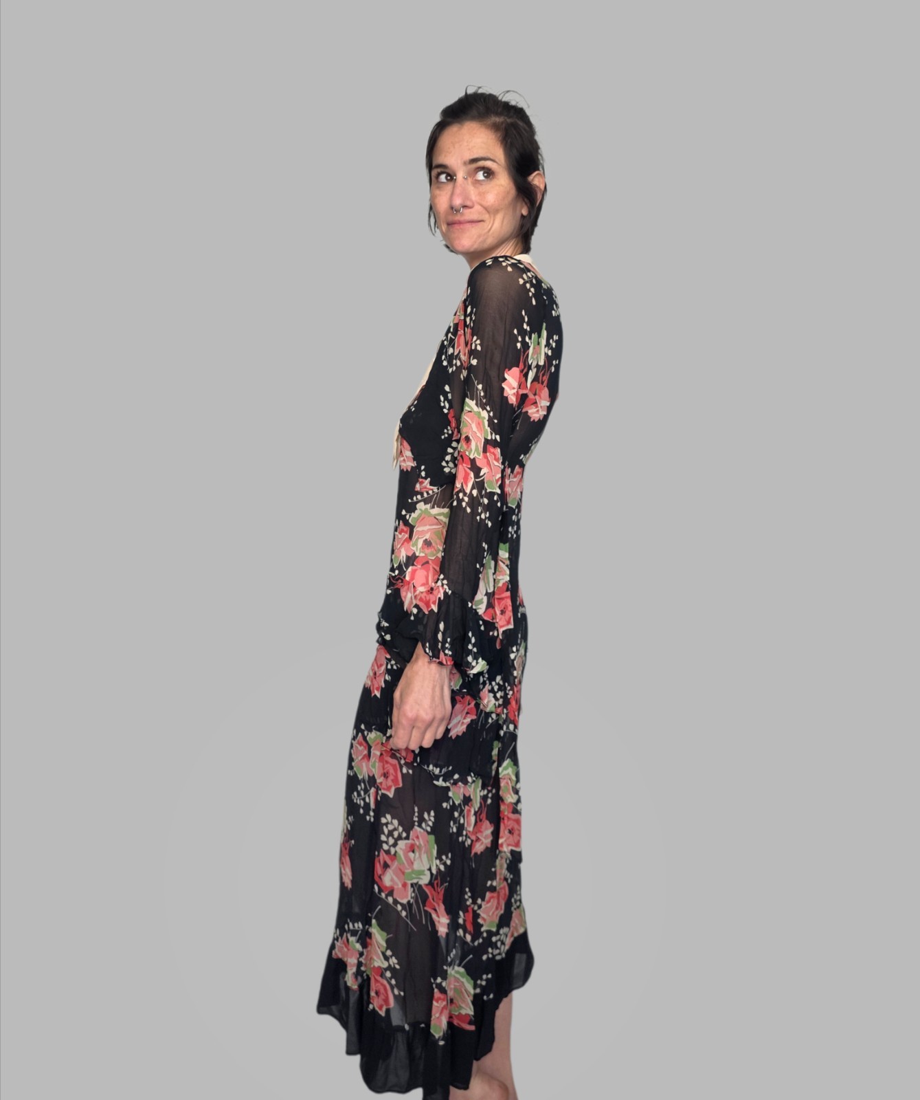 Authentic 1920s Black Silk Chiffon Dress | Floral Appliqué Flapper Gown |…