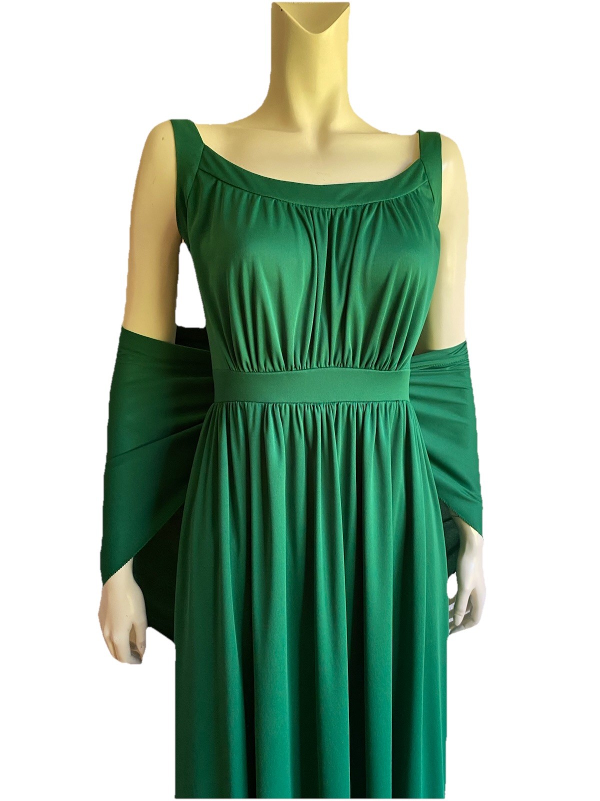 Vintage 70s GREEN Grecian Goddess Dress Maxi Roman Shawl Disco Gown 1970s