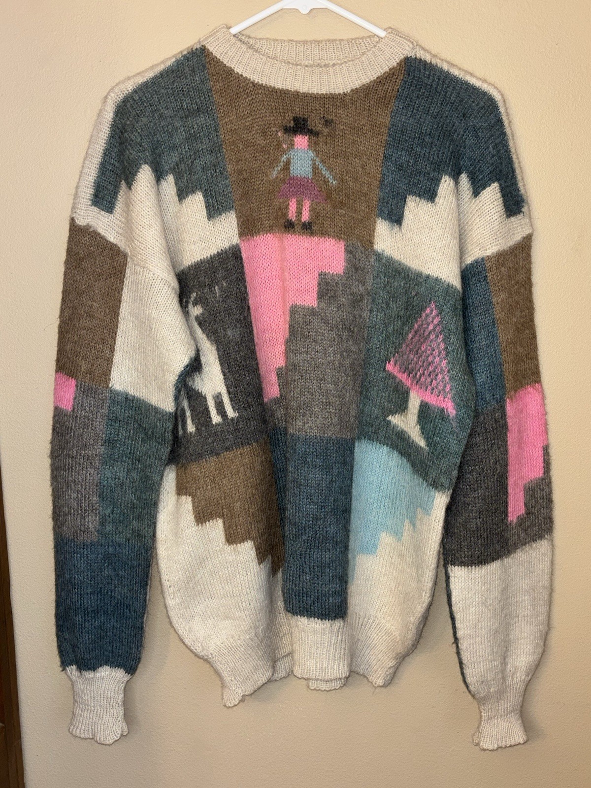 Vintage Handmade Colorful Wool Sweater Andean Pattern Llama Crew Neck Size XL