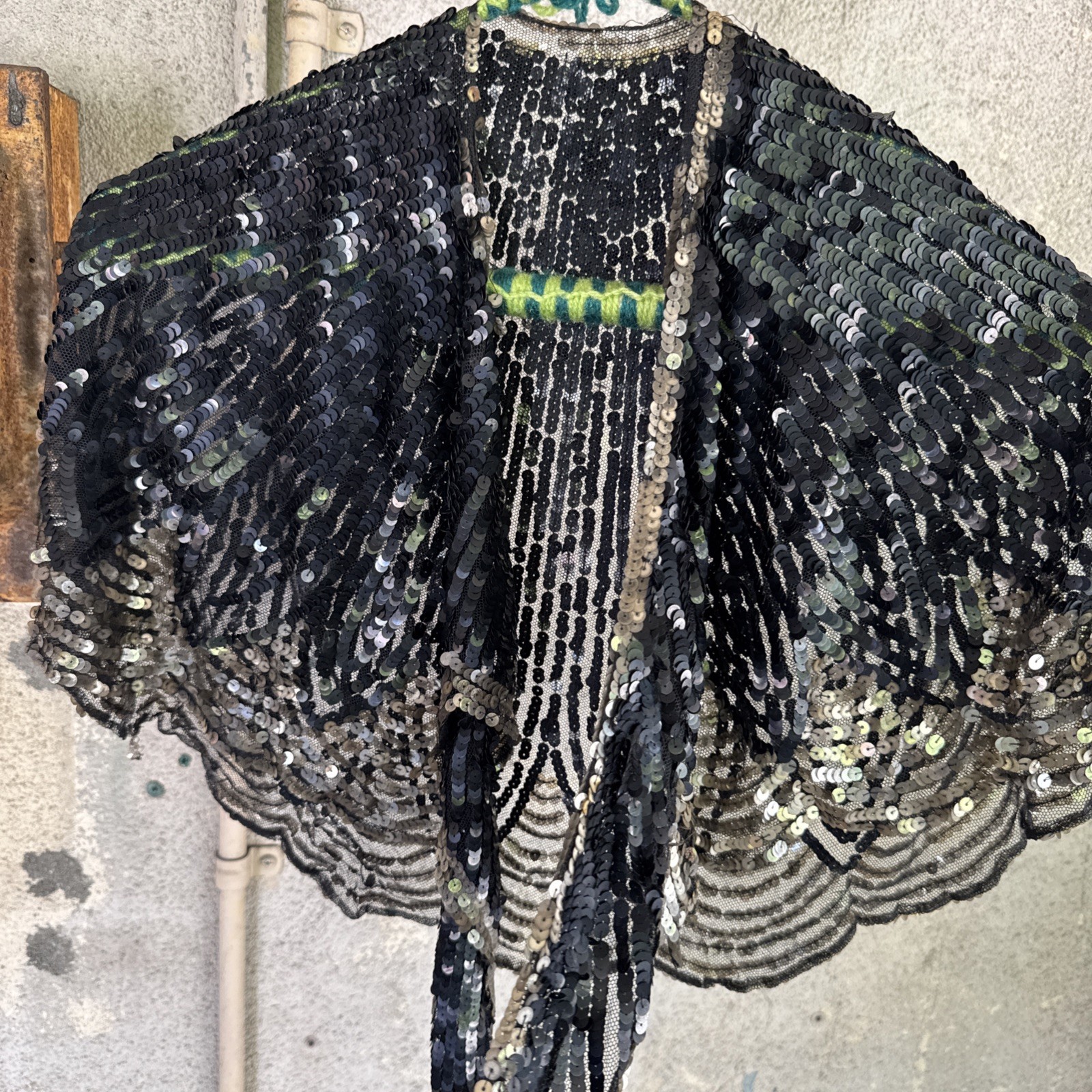 Vintage 1930s Black & Silver Sequin On Net Scalloped Cape Art Deco Dress Top