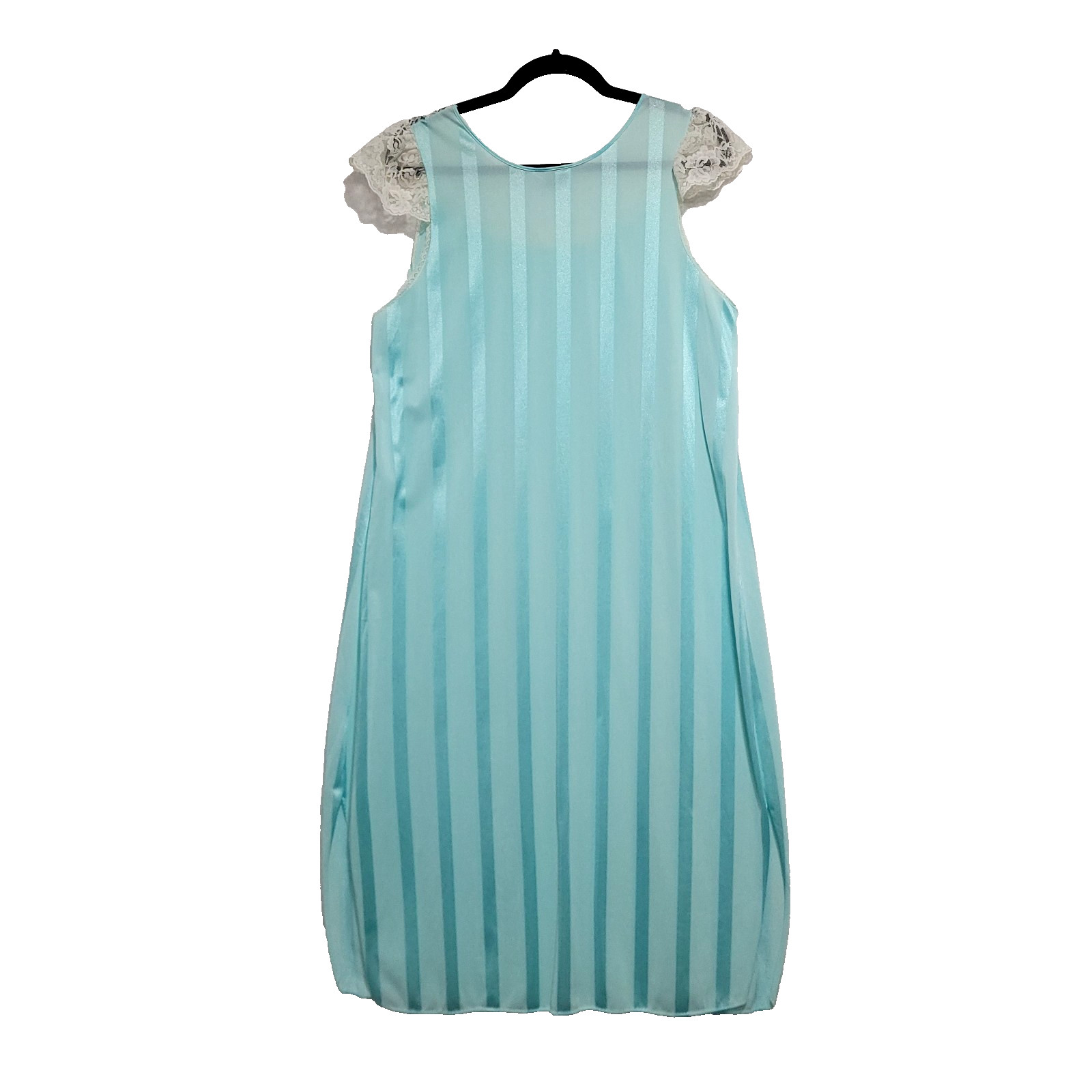 Vassarette Vtg Midi Satin Nightgown L Blue Monochrome Stripe Lace Cap Sleeve Fem