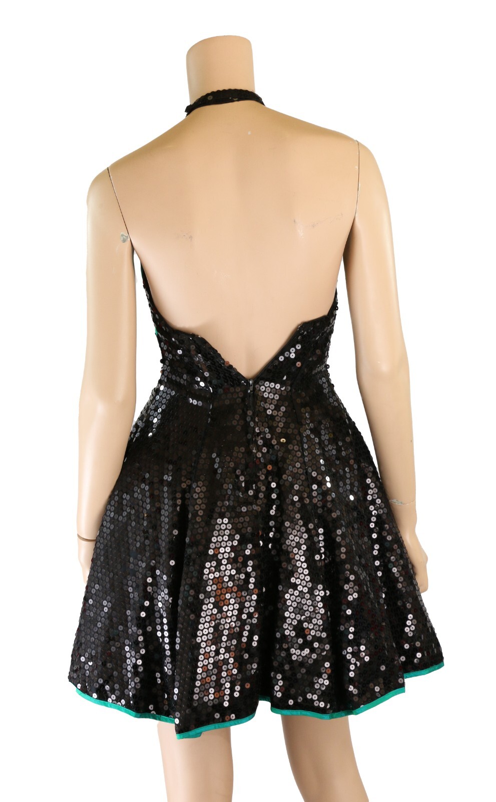 Flirtations Vintage 80s 90s Black Sequin Green Taffeta Party Prom Dress sz 3/4