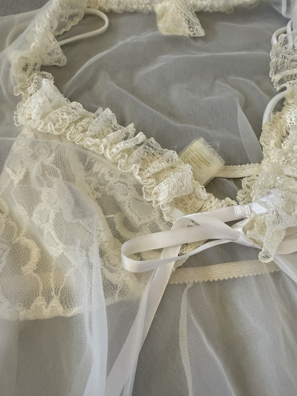Mayela Vintage Sheer Nylon Babydoll Robe Set Ivory Lace Ruffle Boudoir Lingerie