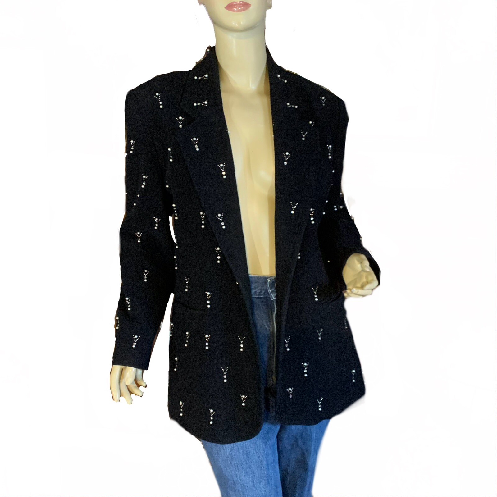 VINTAGE 1980&rsquo;S FOCUS 2000 BLACK WOOL & CASHMERE BLEND BEADED BLAZER SIZE 12