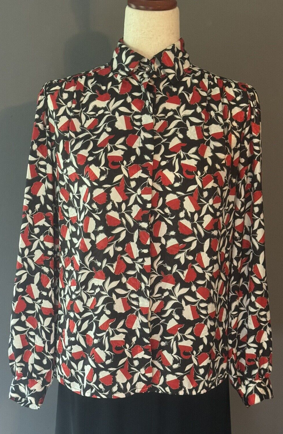 Lloyd Williams Vintage Blouse Black Red White Satin Polyester Size 4