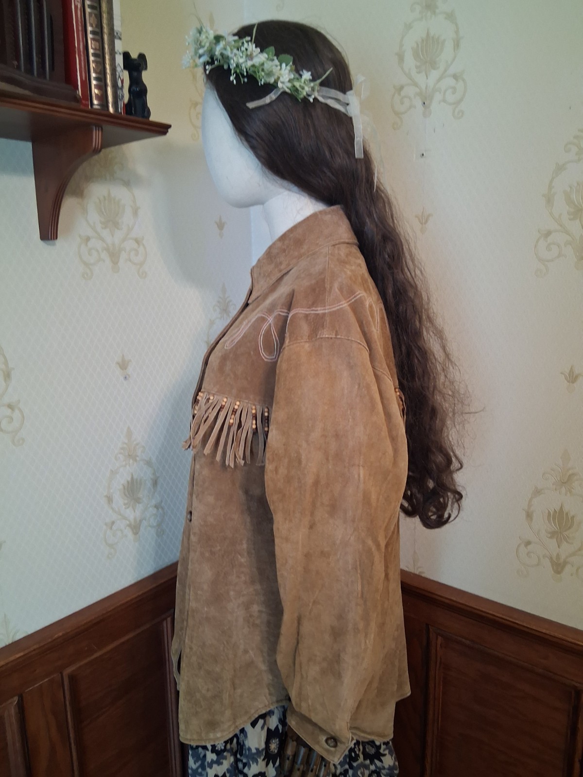Vintage 1990s Comint Brown Suede Fringed Beaded Hippie Western Grunge Coat