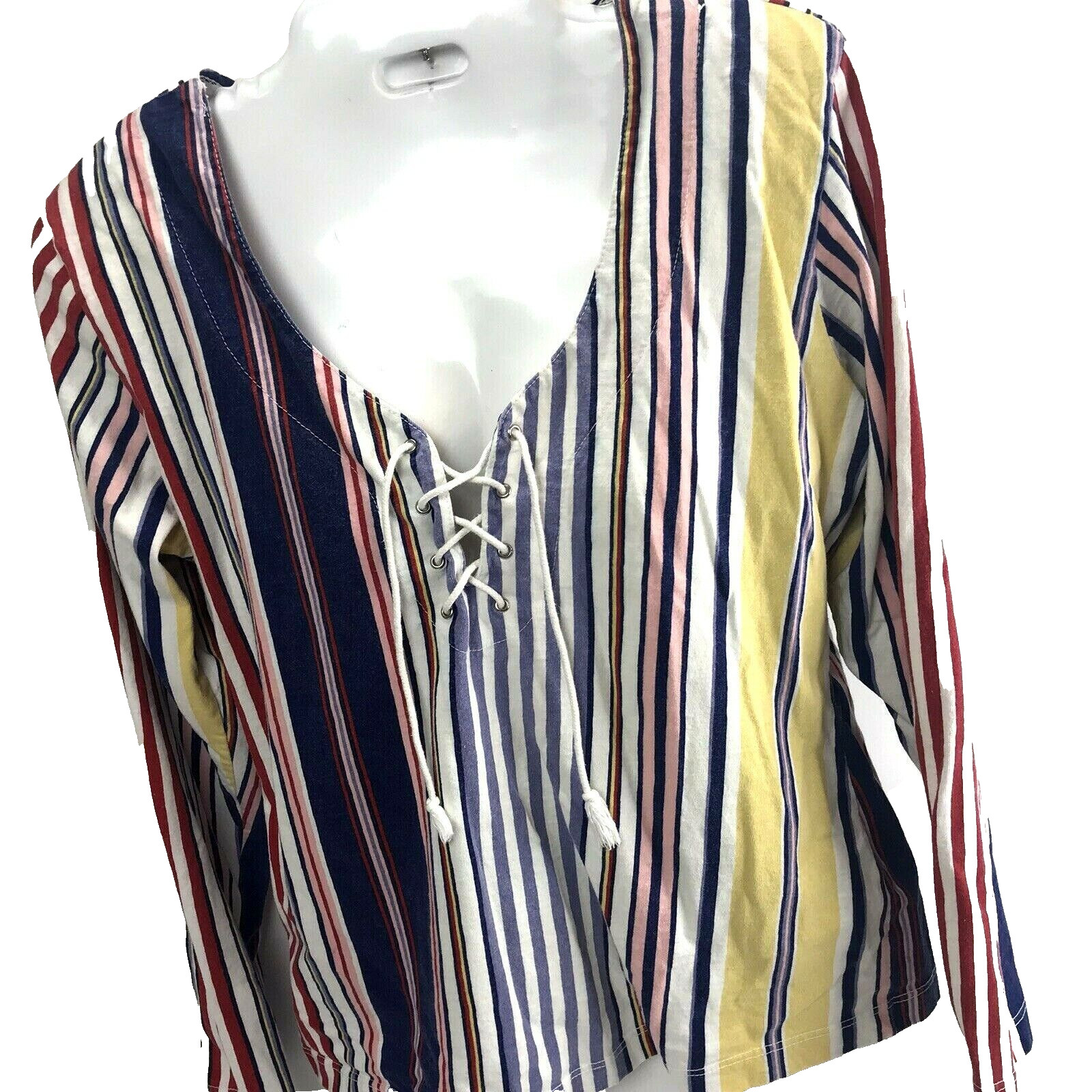 Vtg Top Star Cody 90s L Striped Pullover Lace-Up Front tee blouse long slv USA