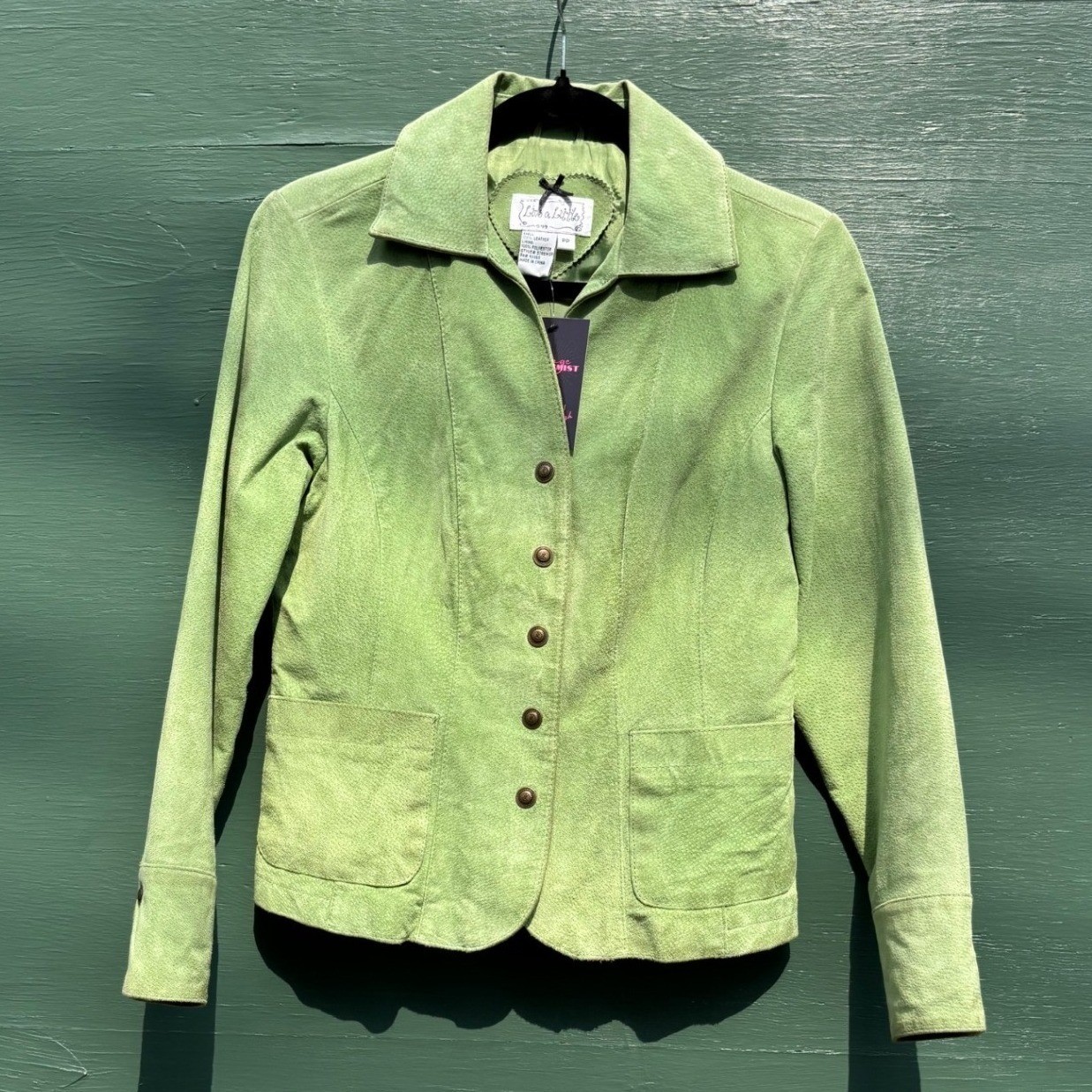 Green Leather Suede Jacket Lightweight Small Y2K Chartreuse Minimalism Preppy