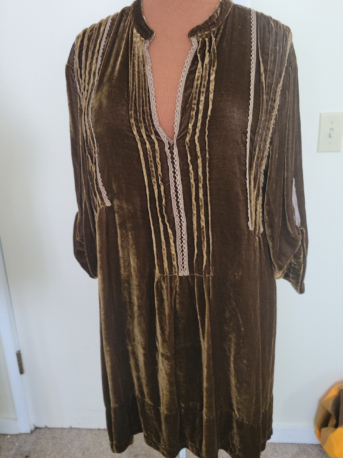 Vintage USA 90s CP Shades Velvet Tunic Top Olive Green/Brown Large