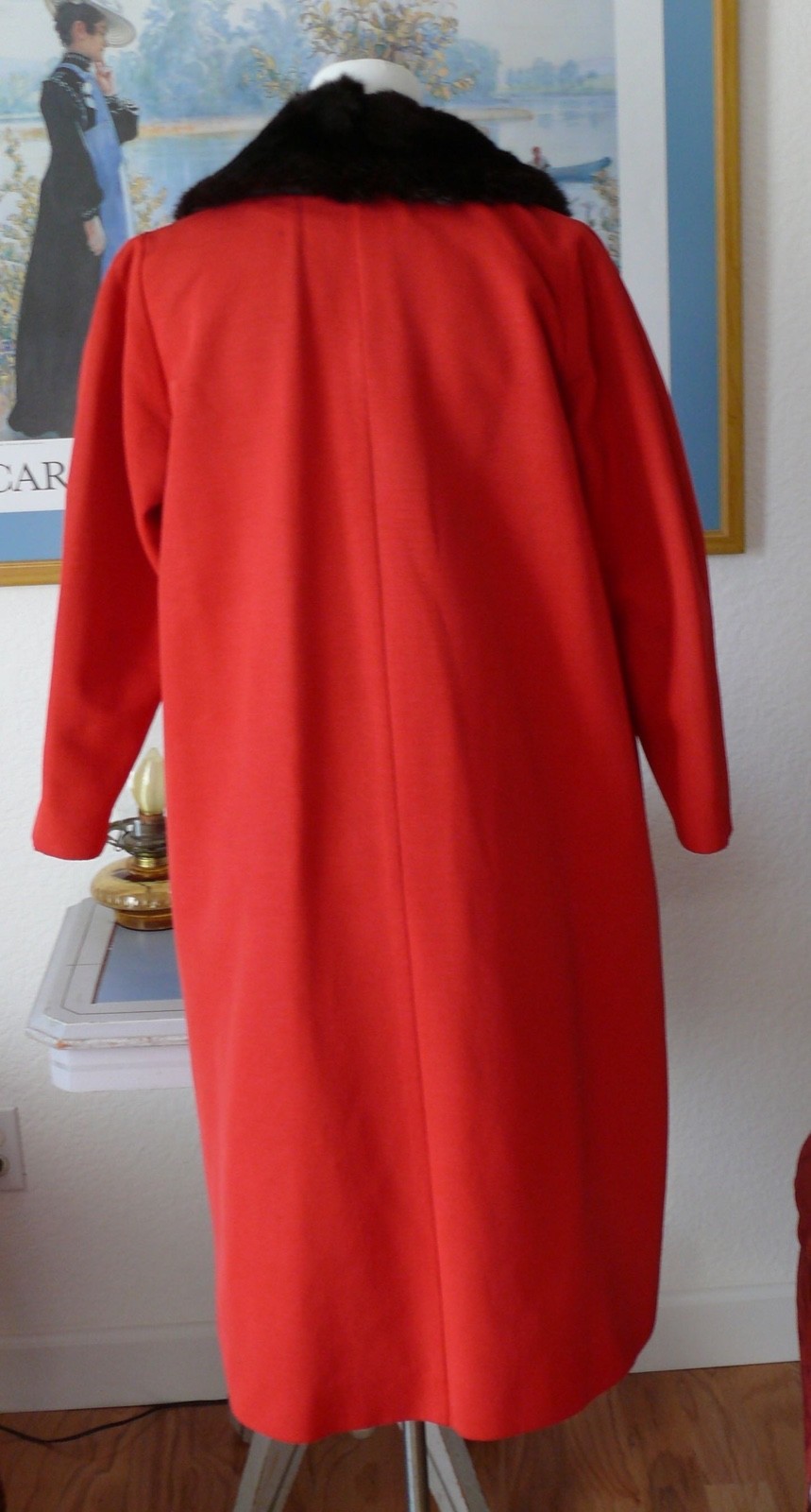 1950`s Red Faille` Silk & Rayon Blend Red Evening Coat with Black fur Collar