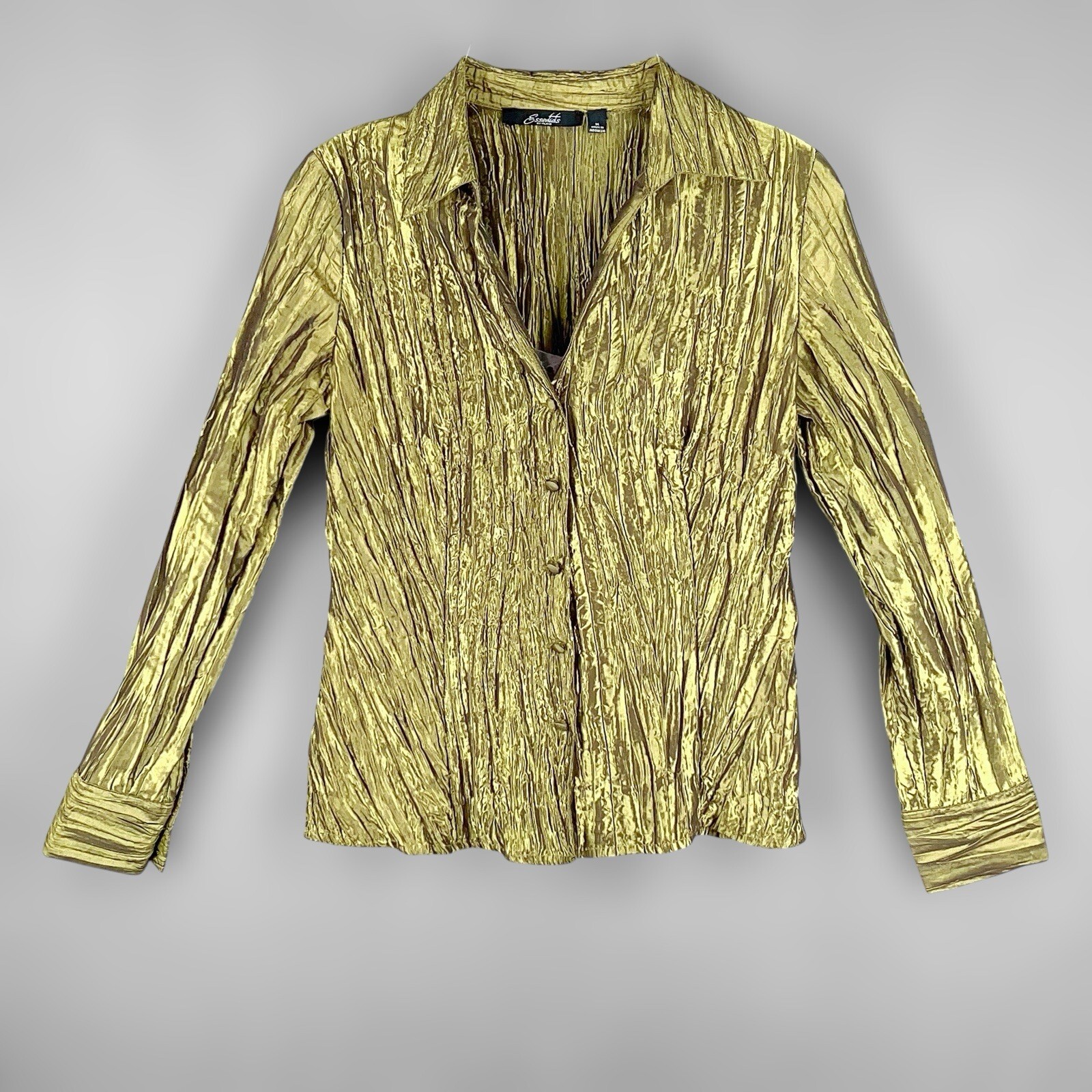 Y2K 90s Milano Essentials Green Shimmer Button Up Blouse Top Sz M