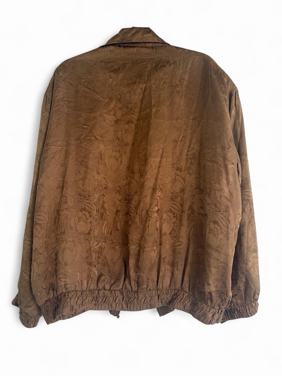 Vintage CoAco 100% Silk Bomber Jacket Olive Sage Green Woven Floral Damask XL