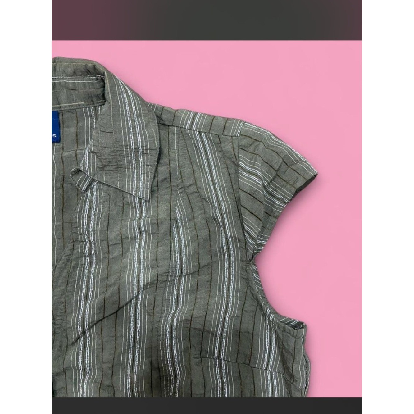 Y2K KHAKI GRUNGE BUTTON UP Cap sleeve v neck collar Grunge Punk Striped Vintage
