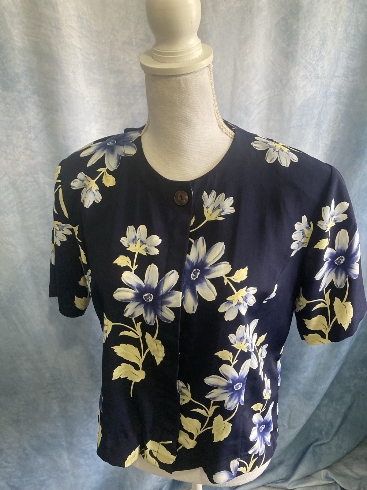 Vtg Christie & Jill Blouse Sz 14 EUC 1980s Navy Blue Floral Shoulder Pads Boho