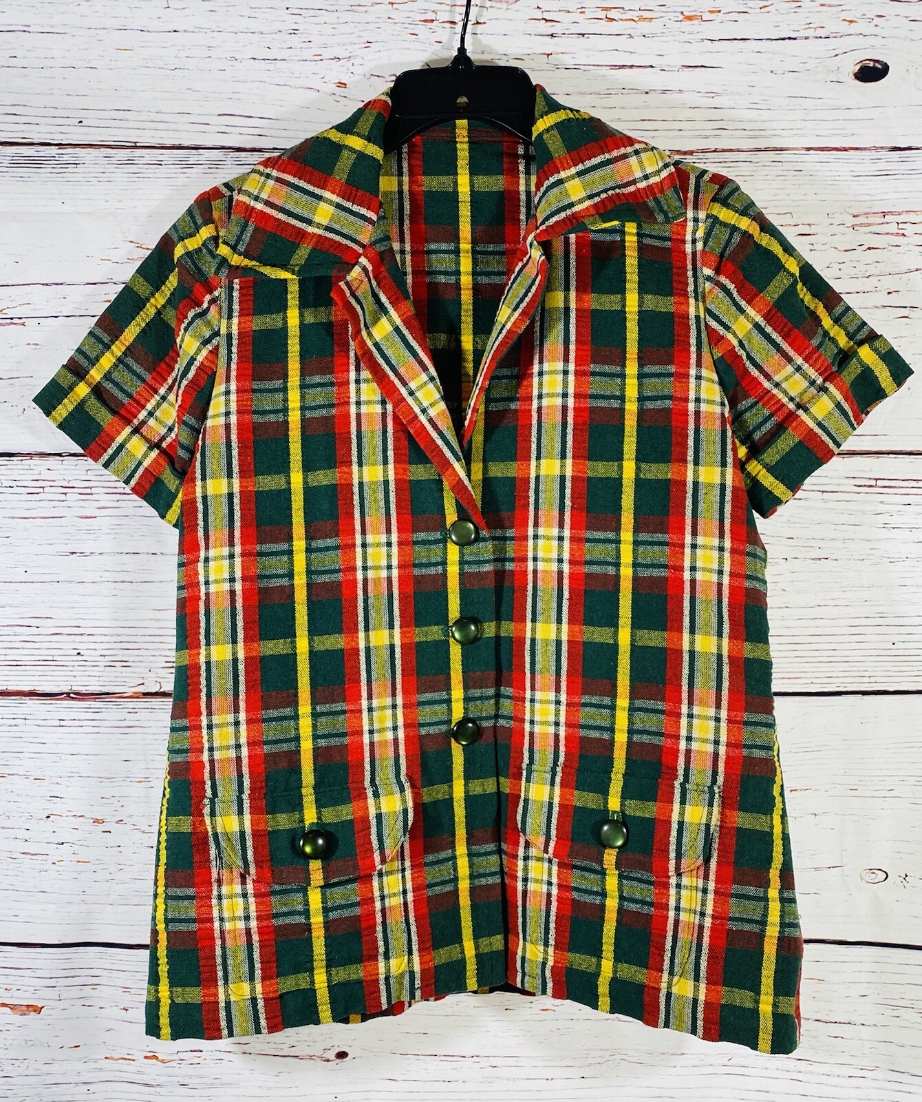 Vintage Plaid Jacket Skirt Set Handmade 1960s or 1970s Retro Green Red Yellow