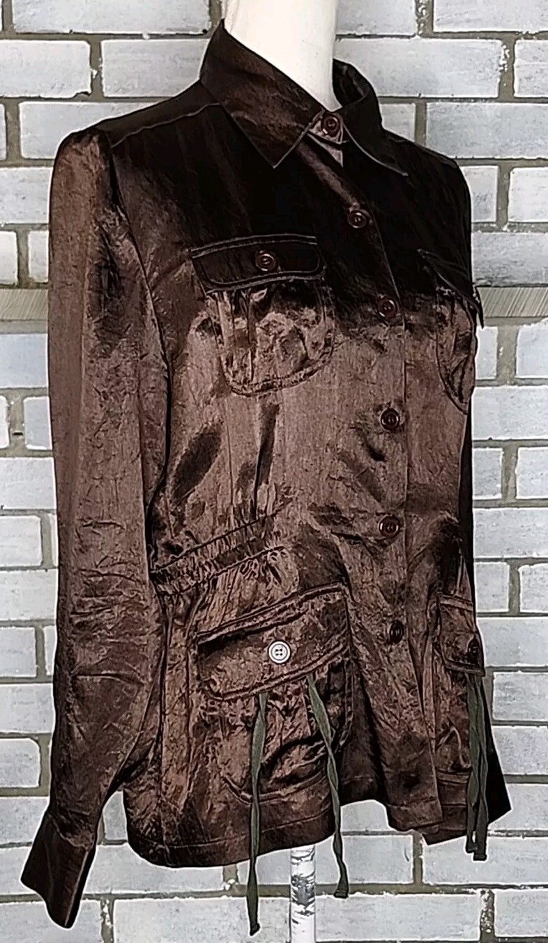 Vintage Newport News Long Sleeve Button Up Satin Blouse Jacket 10 Brown Utility