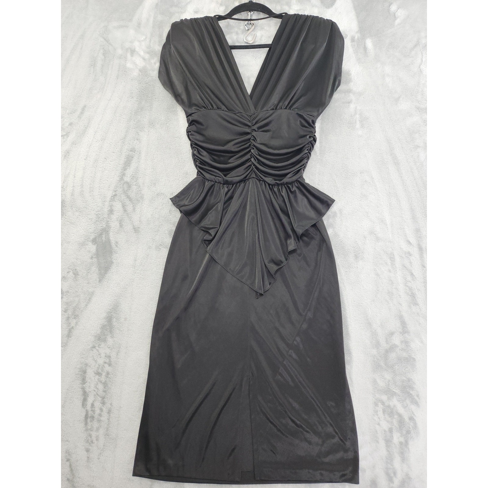 Vintage 80s Steppin Out V-Neck Draped Peplum Party Dress Size 11 Black Midi