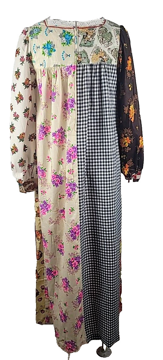VTG NOS Buttrey&rsquo;s Mon Ami Patchwork L/S Floral Check Long Prairie Dress Small