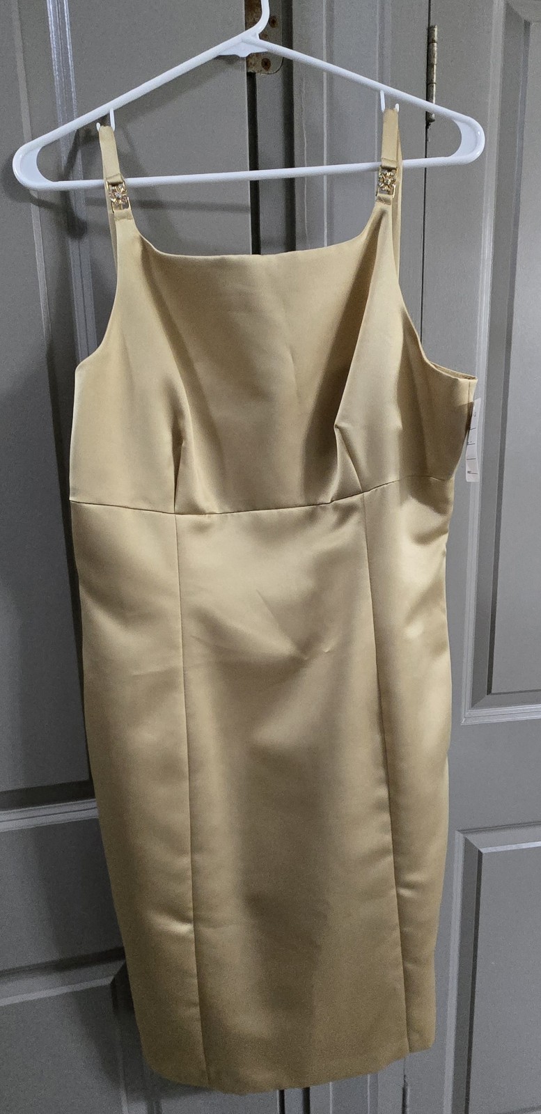 Vintage YL by Yair Gold Satin Sheath Dress Size Large | Rhinestone Strap Accent