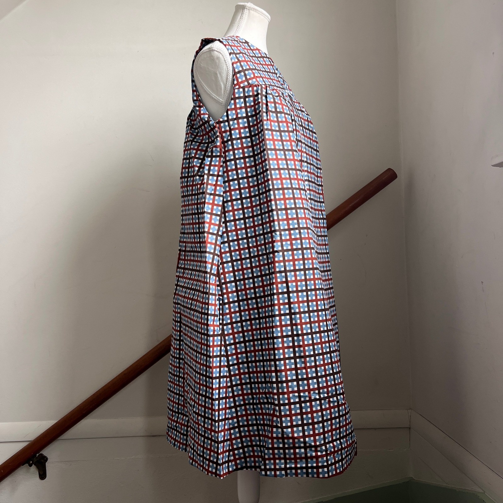Vintage Plaid Midi Dress Mod MCM Geometric Sleeveless A-Line Muumuu House Coat
