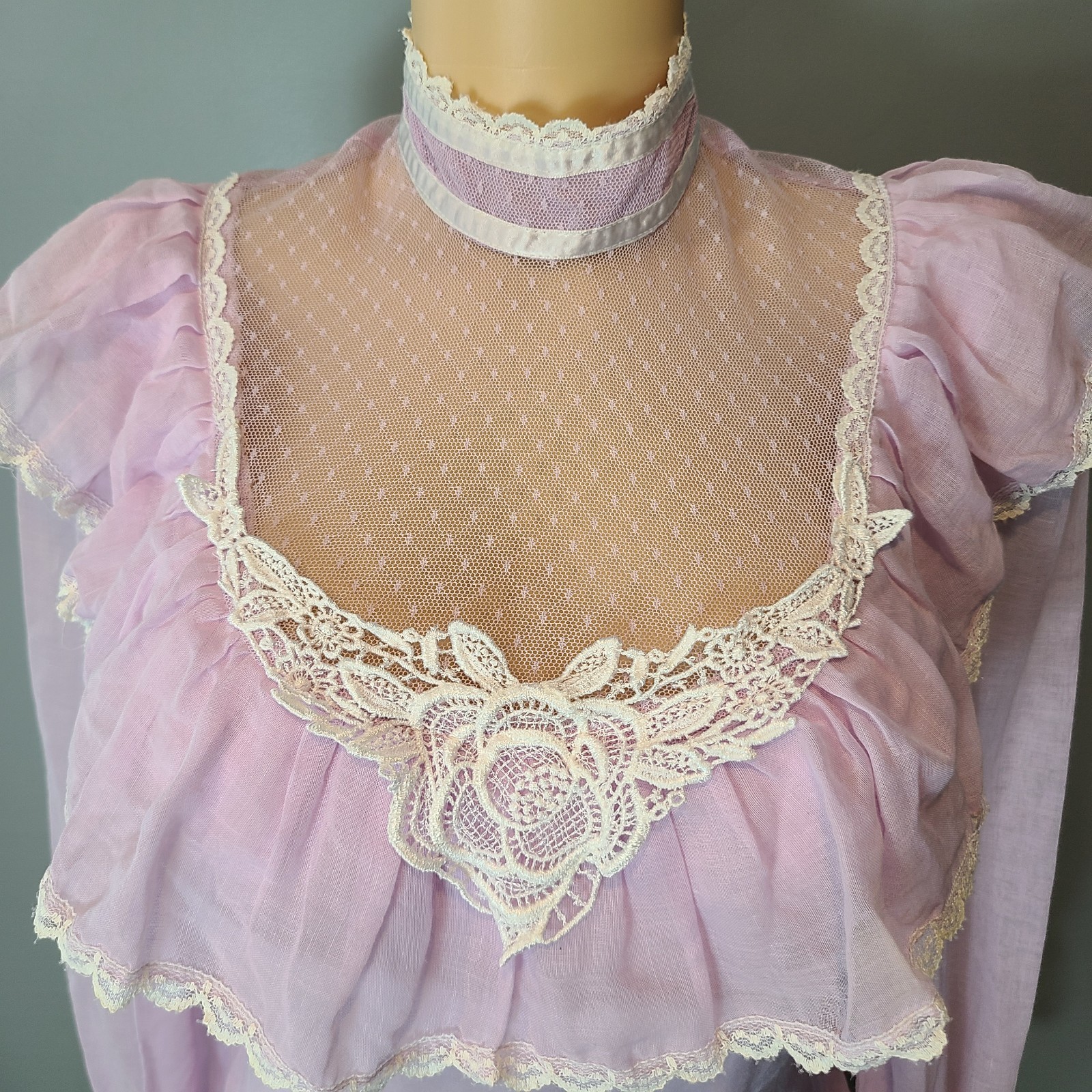 Vtg 70s Prairie Victorian Maxi Dress Sz Small Lavender Lace Flare Sleeve Fairy