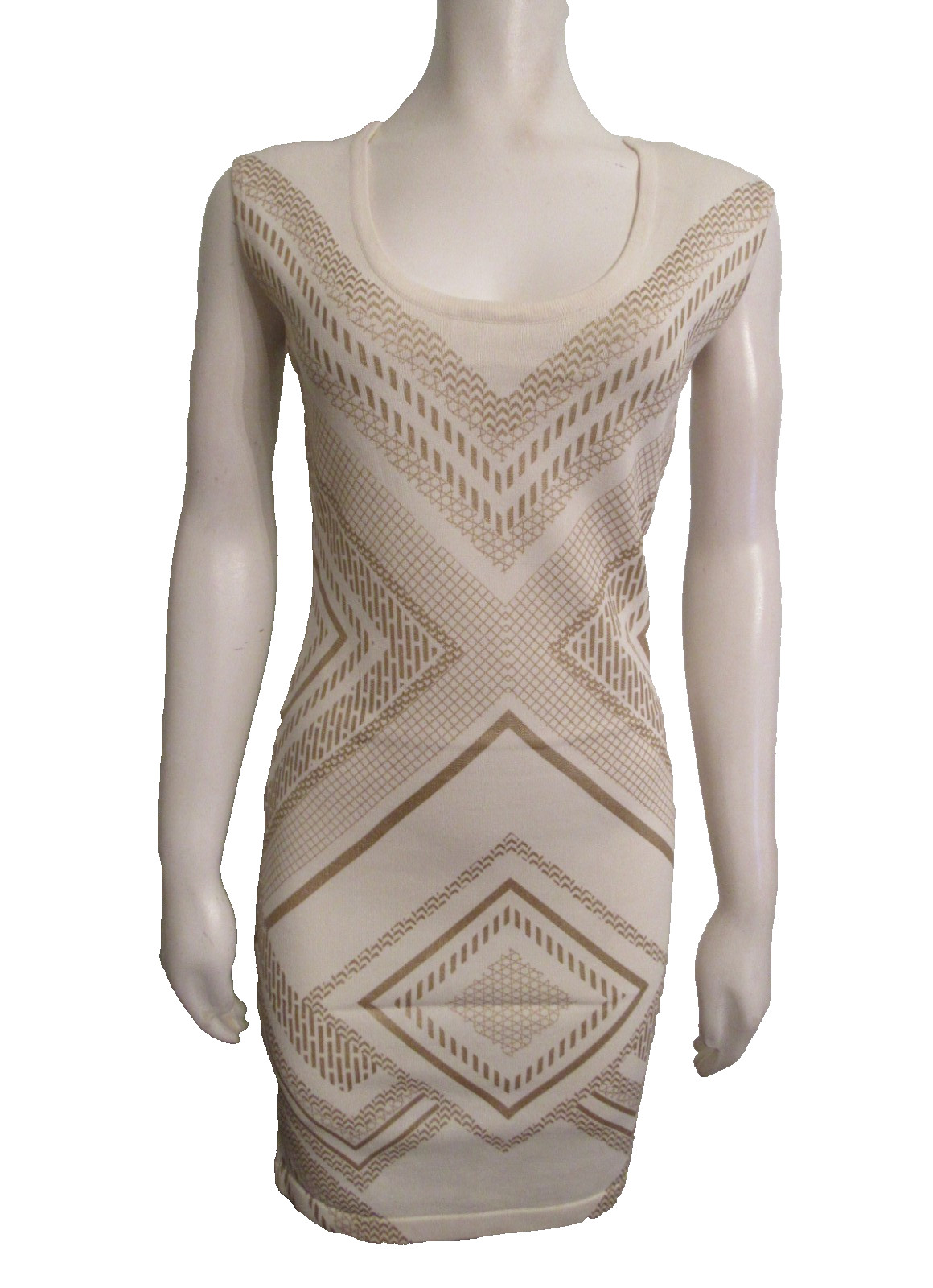 VTG XOXO bodycon sleeveless winter white/gold geo print dress L