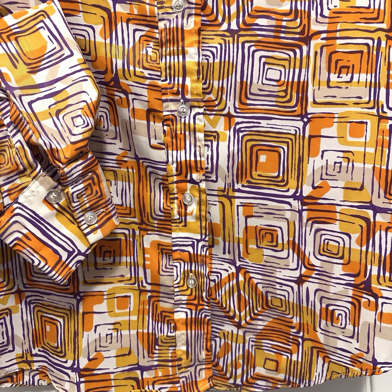 Vintage 70s Joyce Lane Womens Button Up Shirt M Orange Purple Abstract Geometric