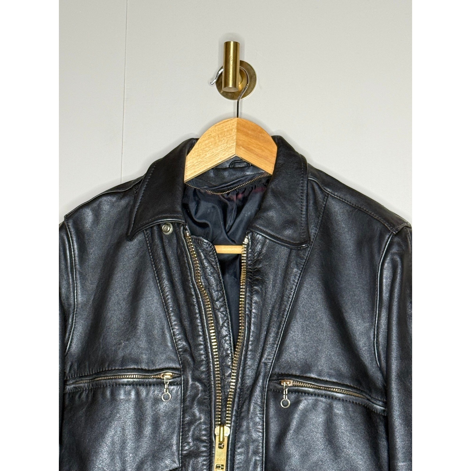Schott-style heavyweight leather moto jacket single rider black vintage