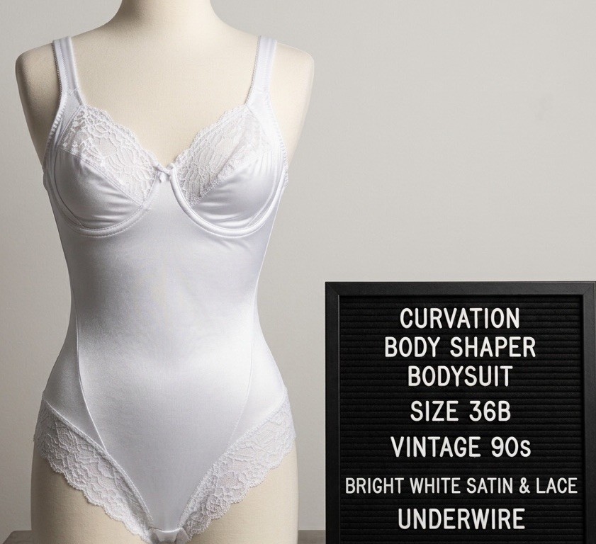 Vintage Curvation Body Shaper Bodysuit 36B White Satin Lace Underwire Teddy