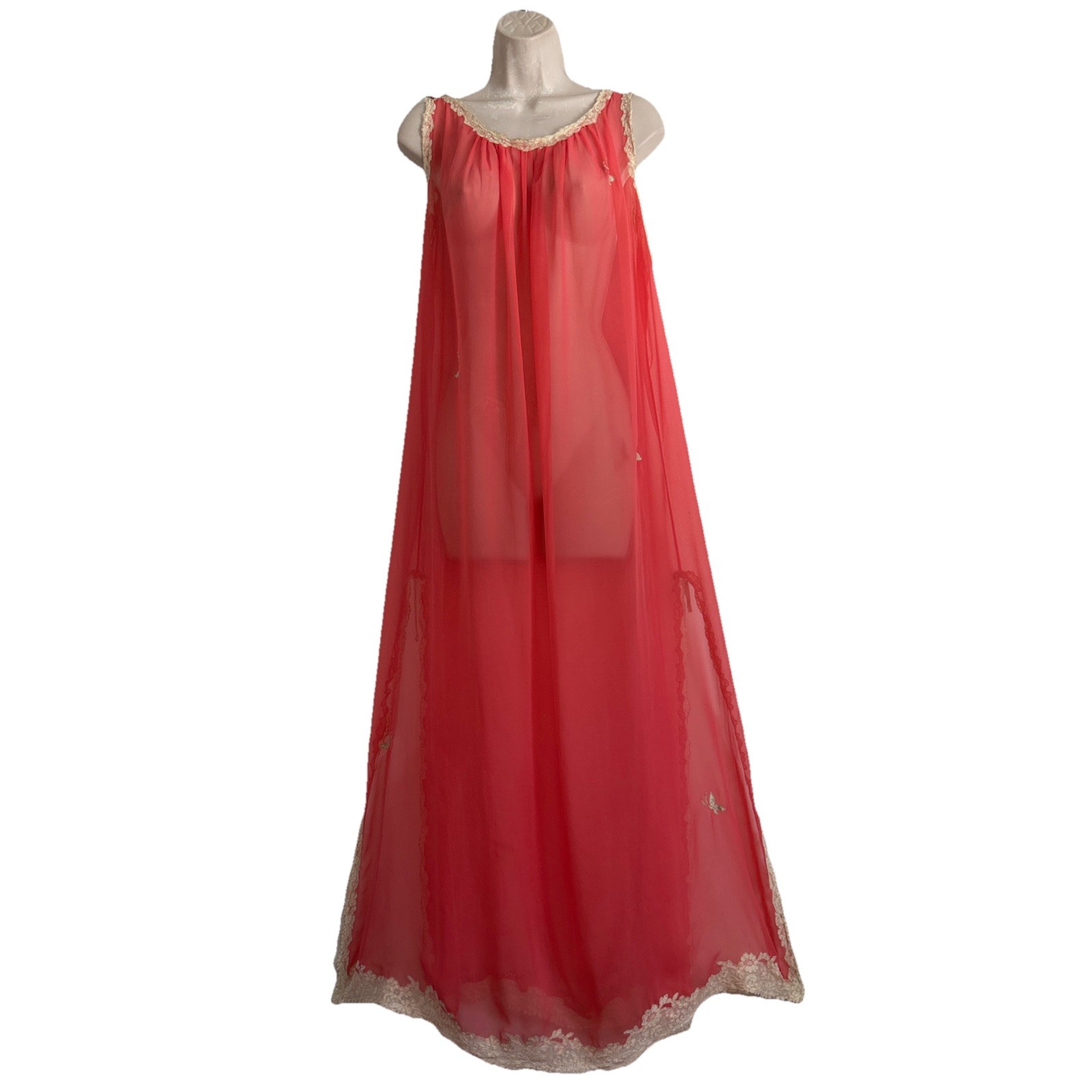 Vintage Coral Silk Nightgown-Ivory Lace Trim – 42” Bust -Slits On Sides