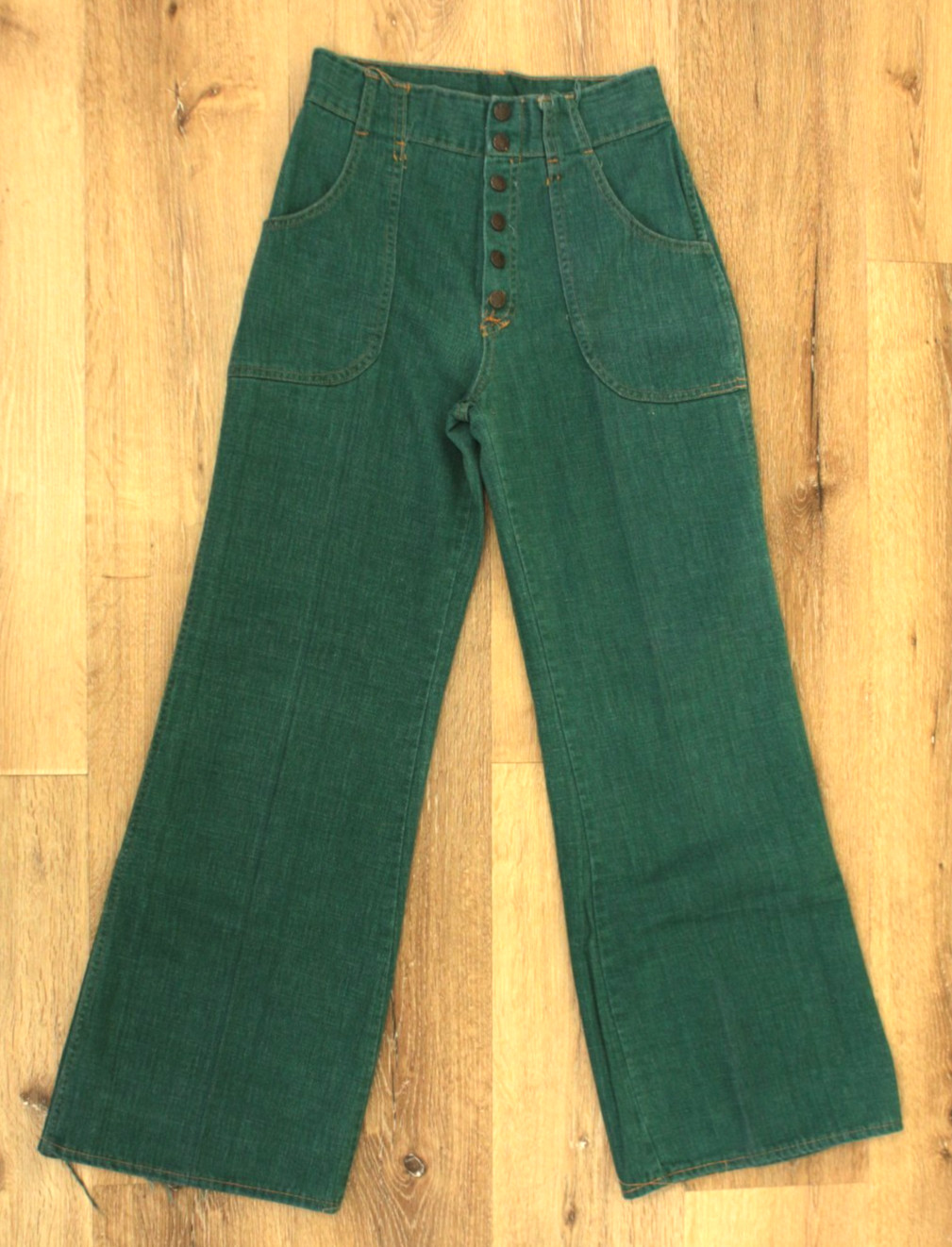 VTG Womens 70s Hunter Green Denim Snap Button Fly Bell Bottom Jeans Sz 28&Prime; 1970s