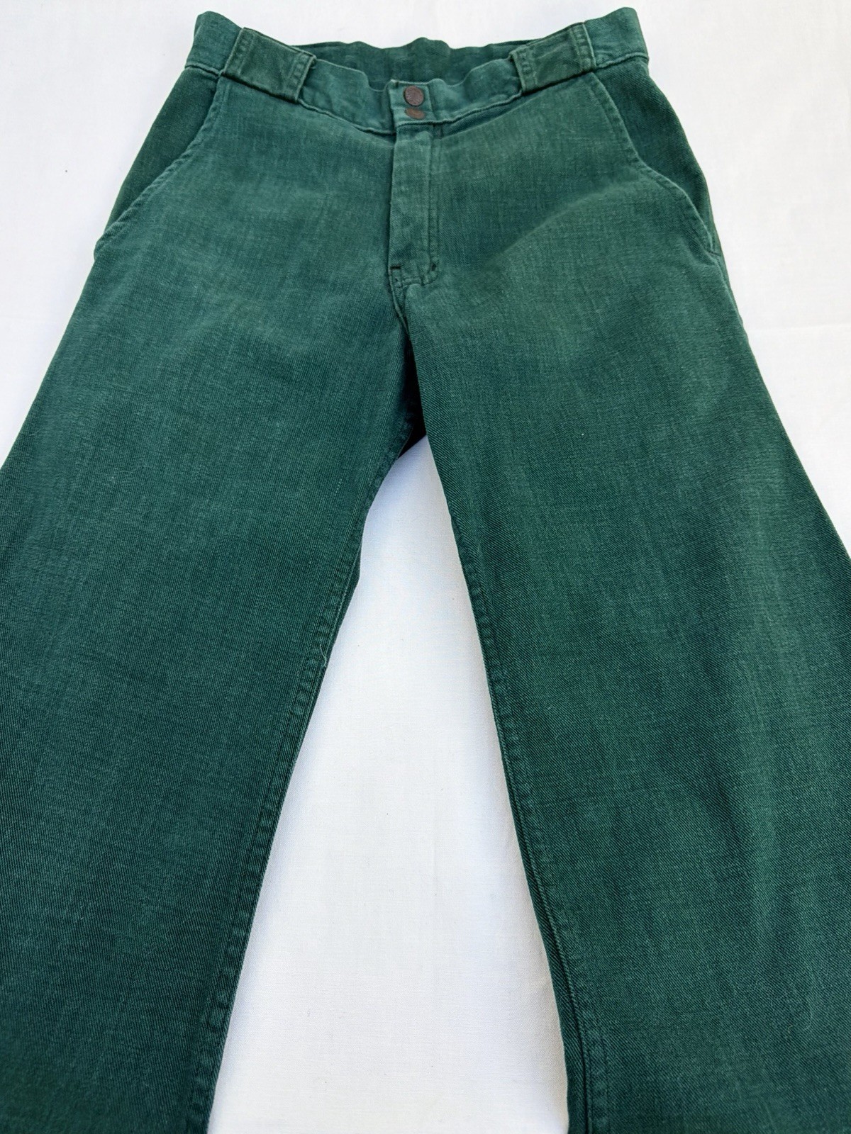 Vintage c1974 Forest Green Flared Pants Jeans Brushed Twill EUC 28” x 43.75”