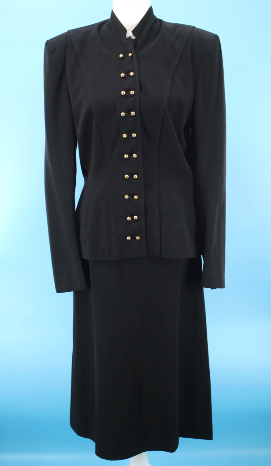 VTG Women&rsquo;s 40s 2 PC Black Wool Jacket & Skirt Dress Suit Set 1940s Sz M