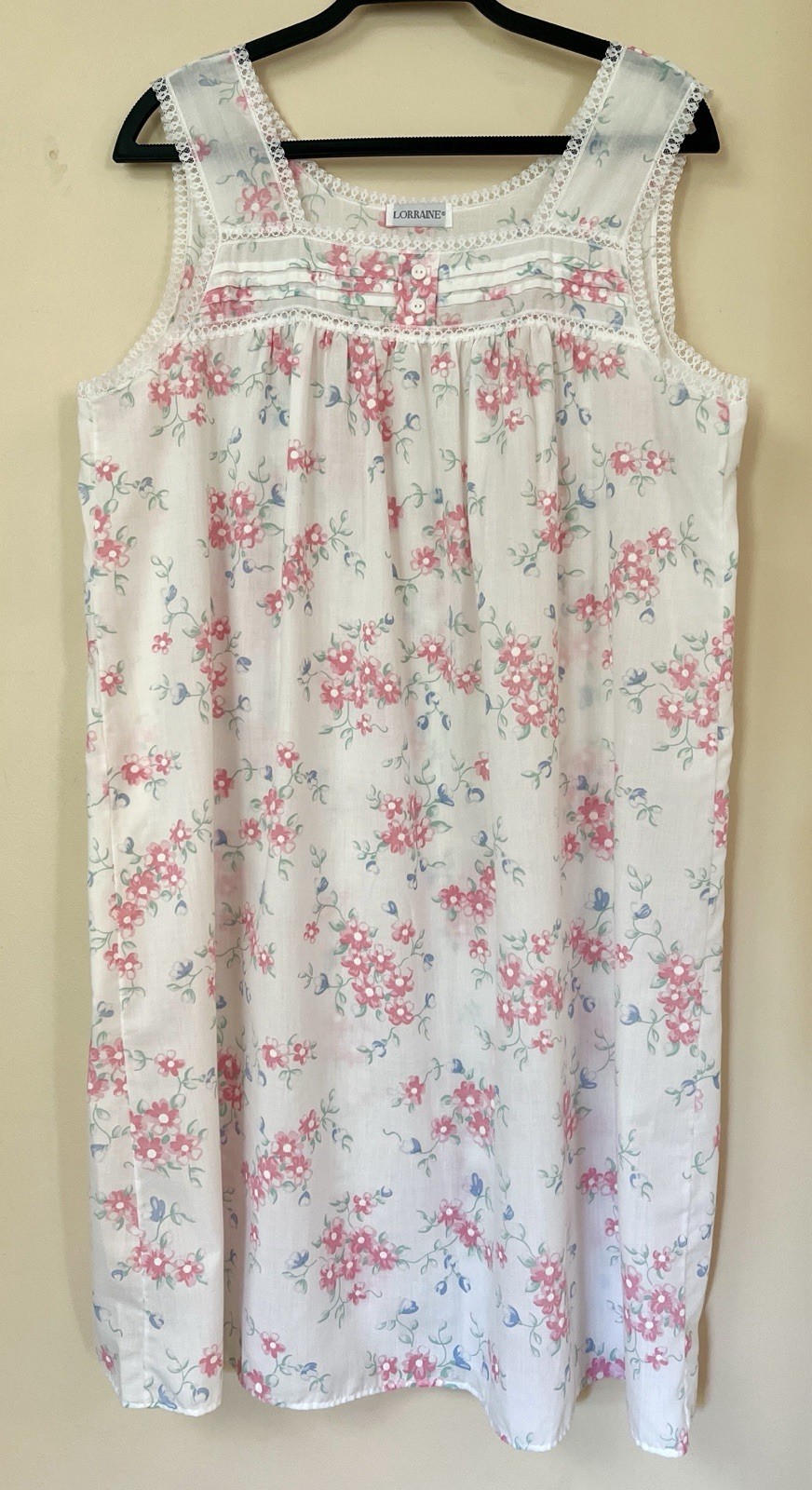 Lorraine White Pink Floral Nightgown Lace Trim Large Cottagecore Prairie Vintage