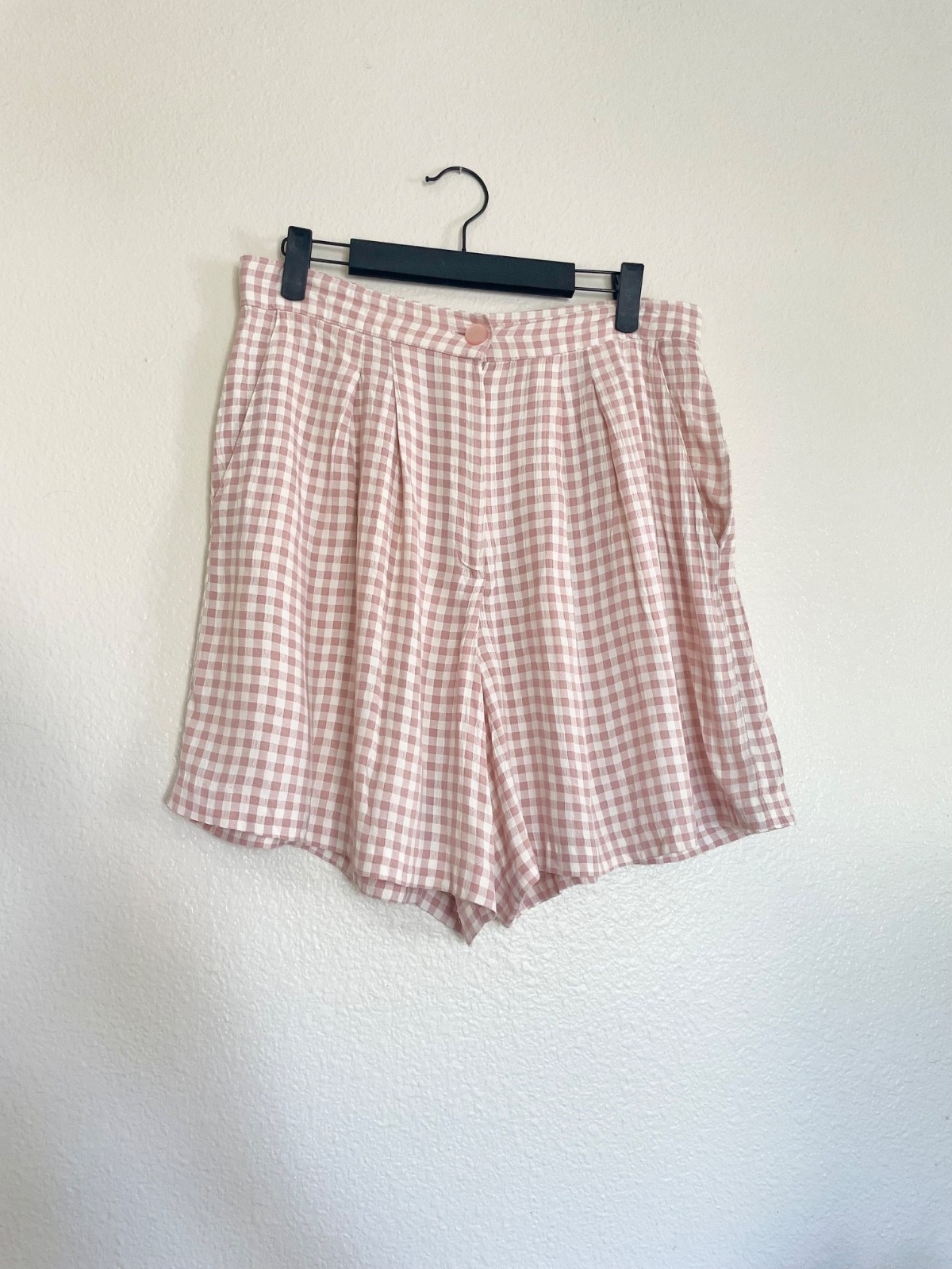 Vintage 90s Moda Intl Pink Gingham High Waist Pleated Shorts USA Made Sz 10