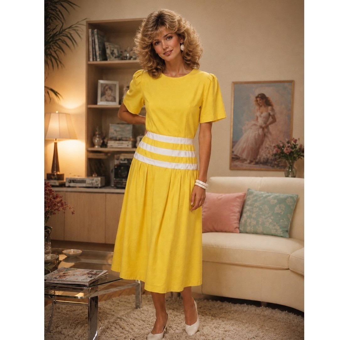 Vt 80&rsquo;s yellow Drop Waist Midi Dress White Striped Puff Sleeve Retro Summer