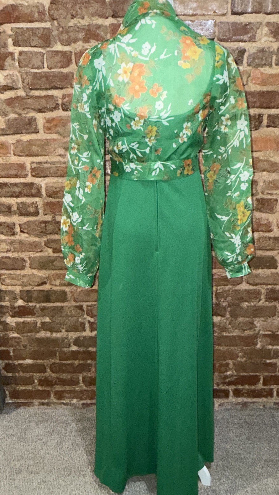 Vintage 1970s Emerald Green Hostess Maxi Gown Floral Sheer Bolero Jacket EUC