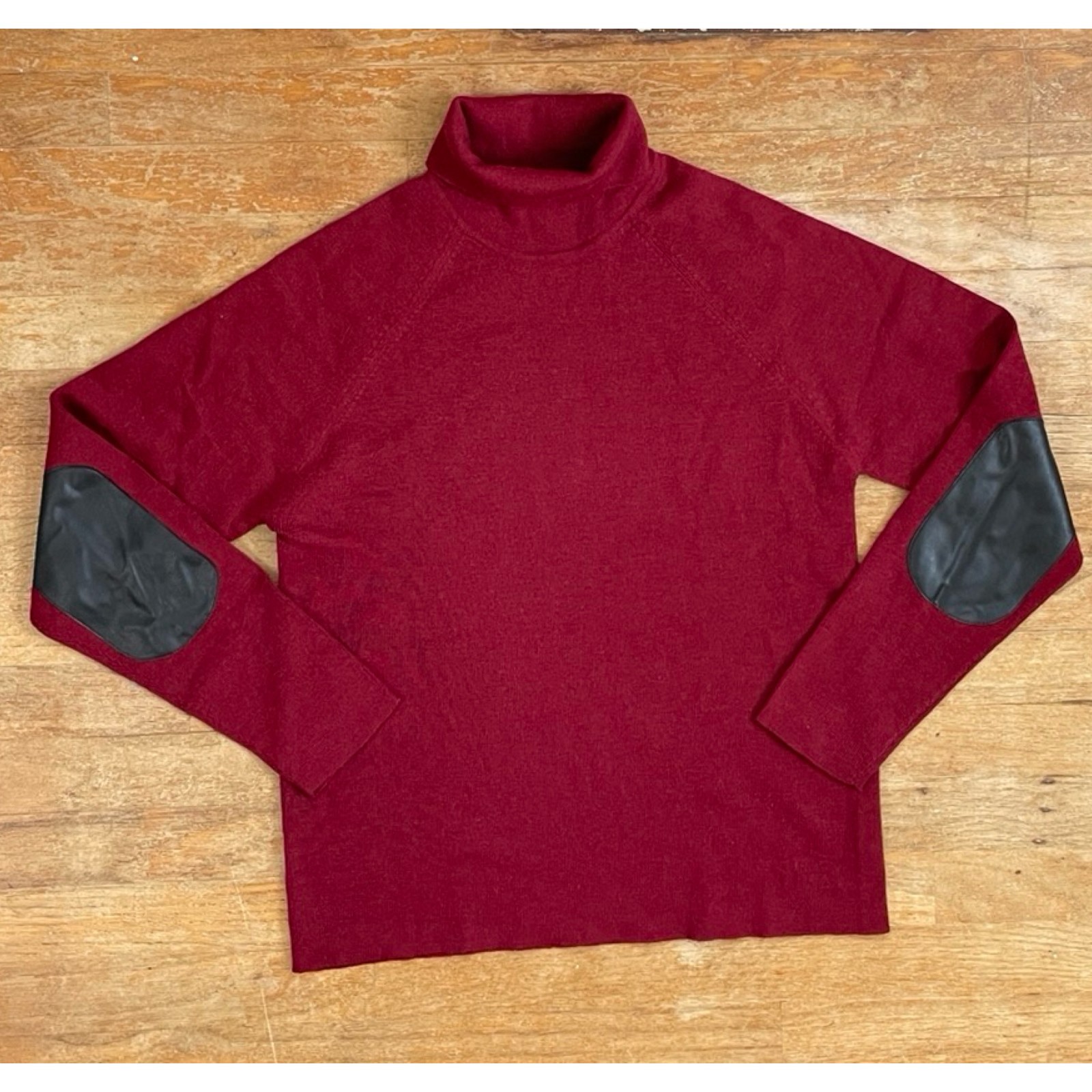 Vintage Wool Sweater with Elbow Patches Size Small 90s Fine Knit Red Turtleneck