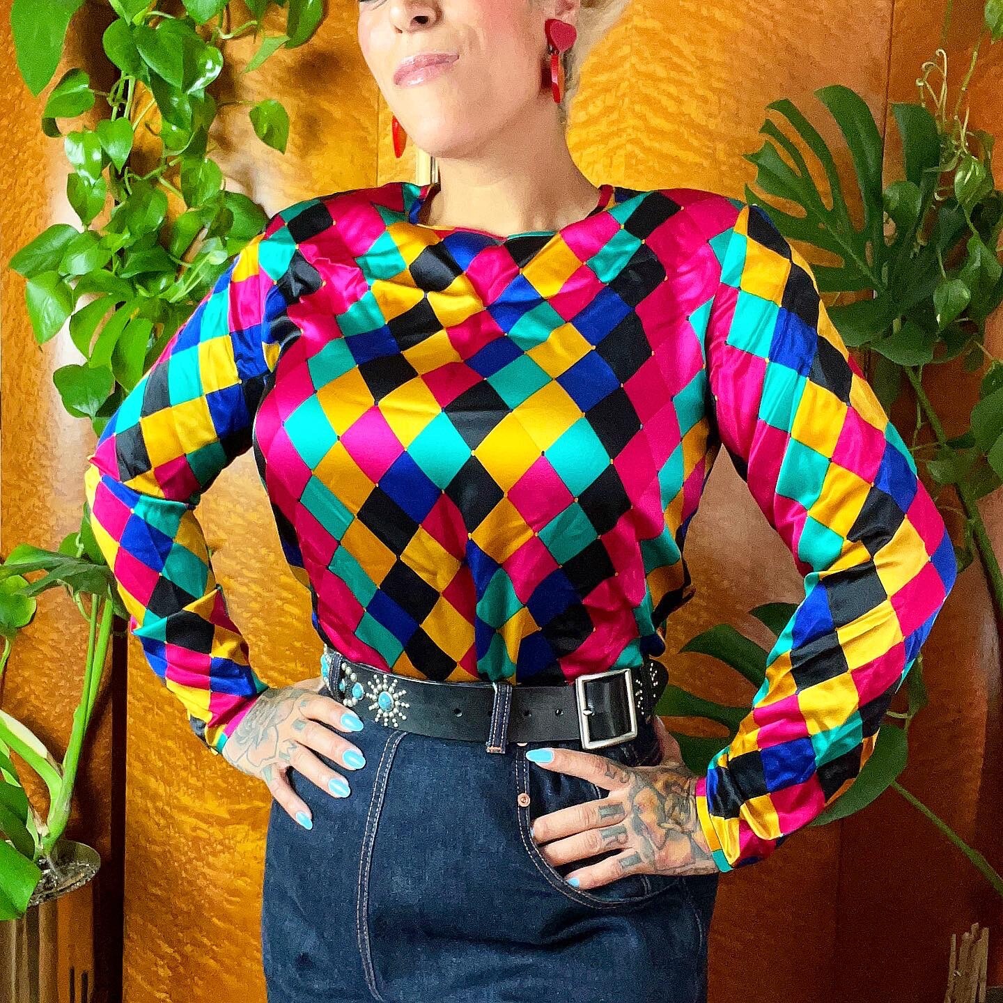 DESIGNER ANN MAY 80s 80’s Silk Harlequin Vintage Diamond Print Blouse Top 40B L