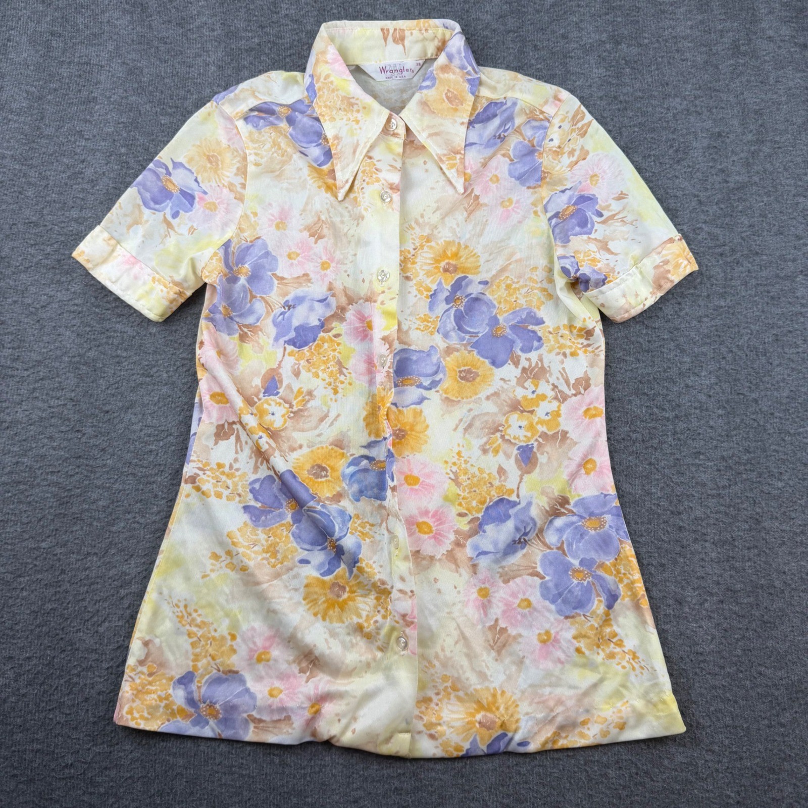 Wrangler Floral Button Up Shirt Women&rsquo;s 36 Yellow Vintage Short Sleeve Cuffed