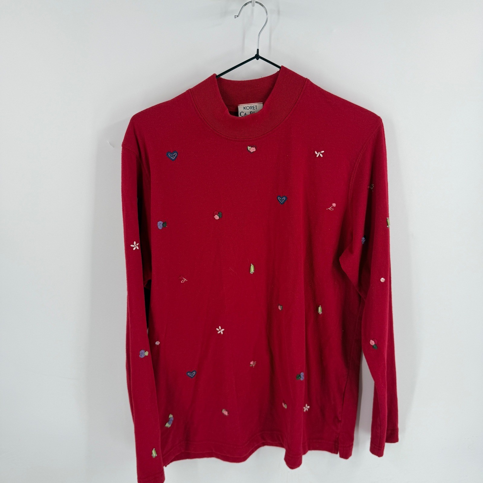 Vintage Koret City Blues Embroidered Knit Pullover Sweater Red Mock Neck Size M
