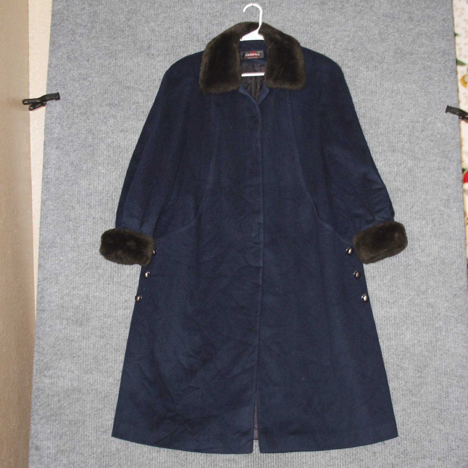 Vintage Alorna Wool Blend Coat Womens Petite Navy Blue Faux Fur Trim USA Made