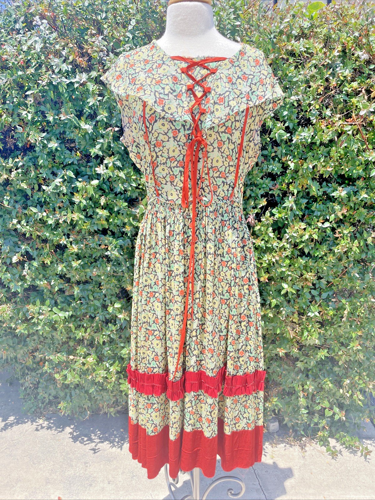 Vintage 1930s 40s Silk Crepe de Chine Floral Printed Prarie Dress Sz M Handmade