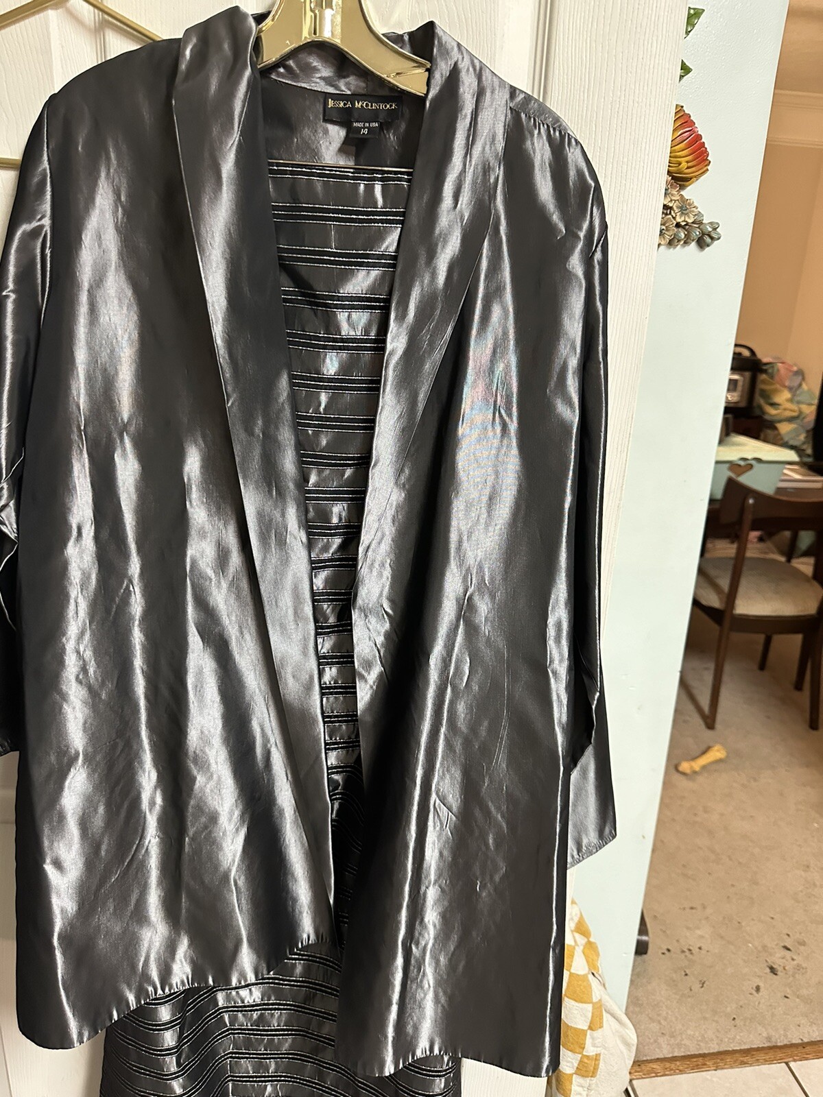 2pc Jacket Dress Set 90s Large Silver Gray Strapless Metallic Silky MOB Formal